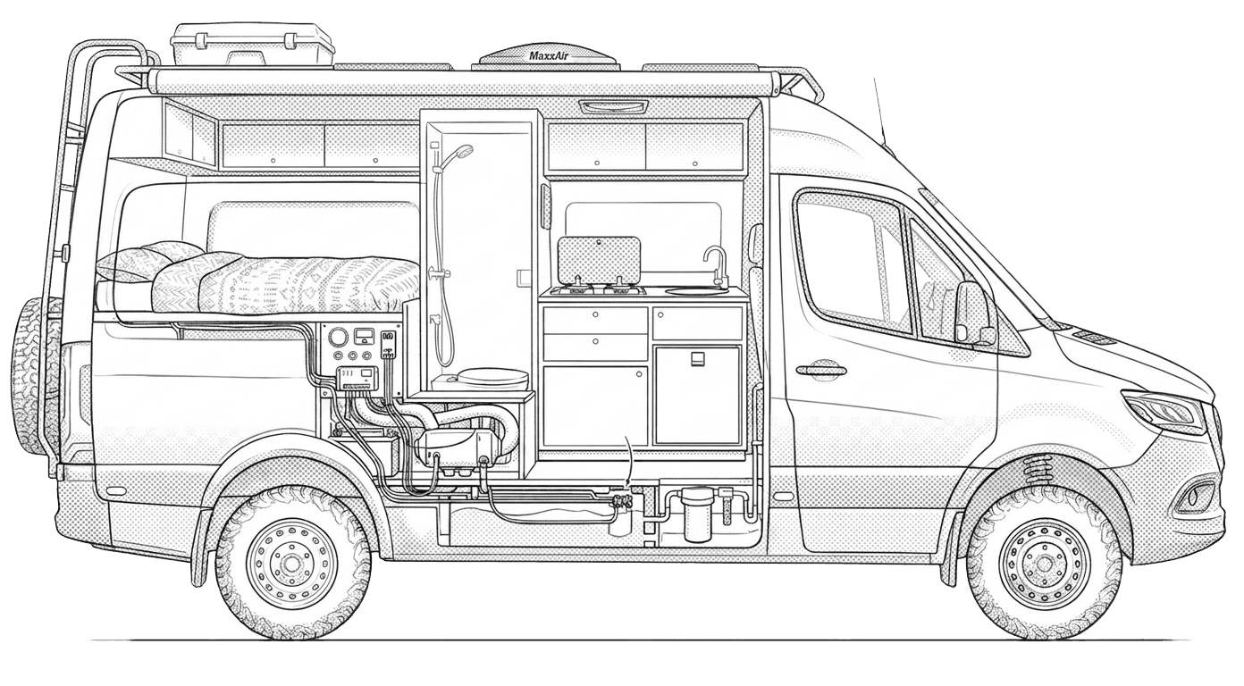 Technical blueprint of a custom campervan conversion by Scandi Van